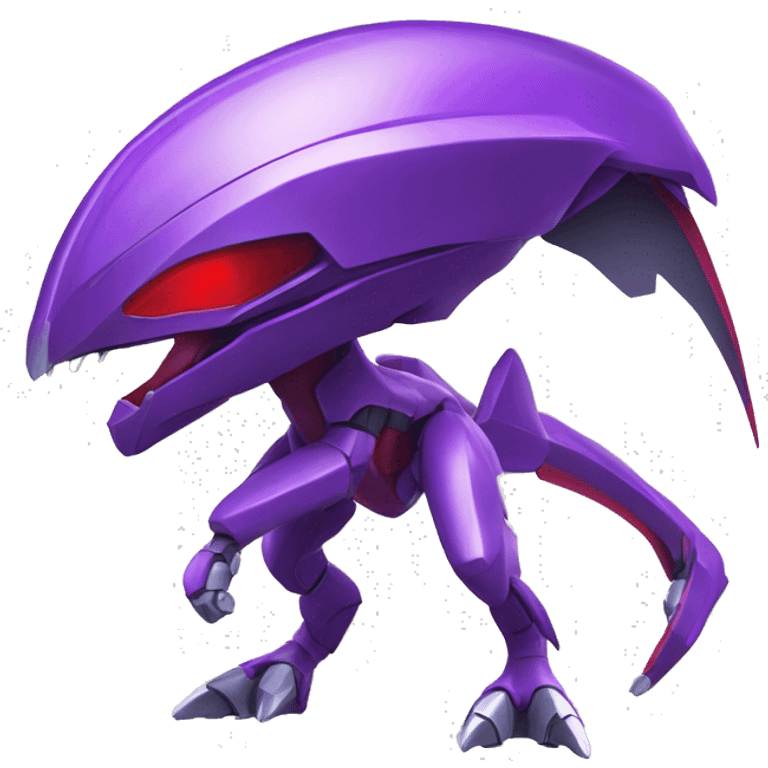 a shiny purple-red Genesect-Raptor-Fakémon—hybrid with a futuristic visor-helmet full body emoji