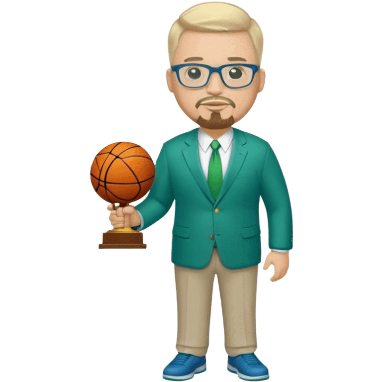 Full Body white fat male  wearing glasses with a goatee with light blonde gray very short hair basketball head Coach in blue and green suit holding trophy emoji