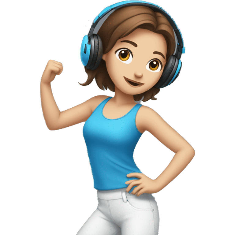 Girl with brown hair and blue eyes dancing with headphones emoji