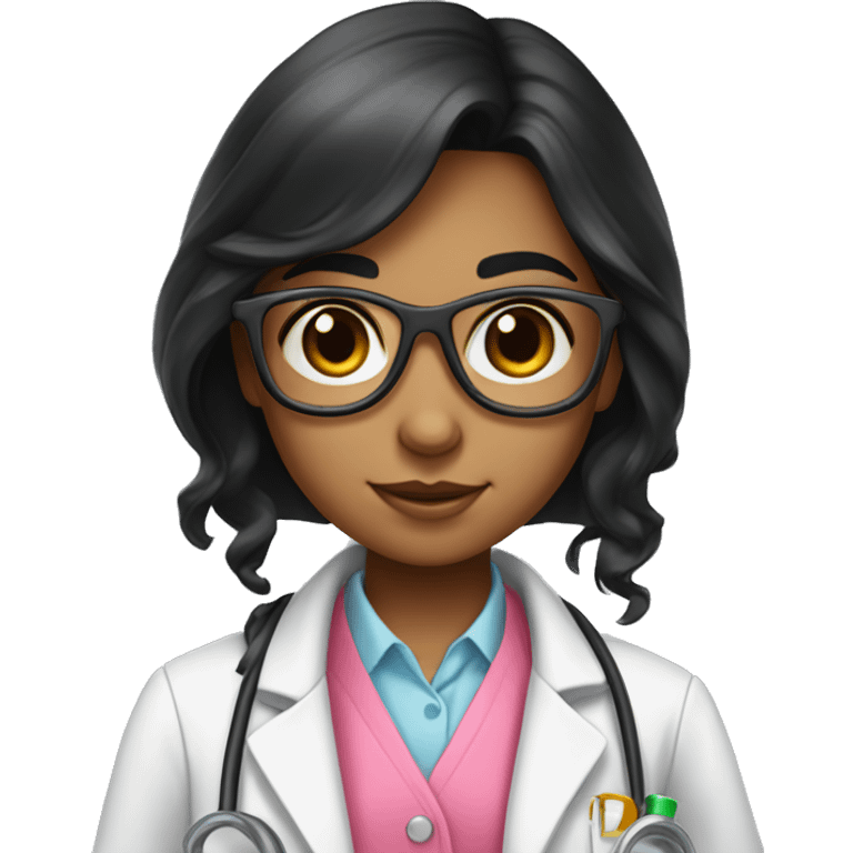 Young Girly scientist with long black hair and medium skin tone with pink accents emoji