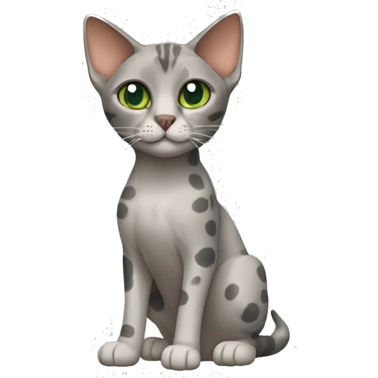 Short-haired oriental cat ,full body , grey coat with spots , green eyes , terracotta nuzzle emoji