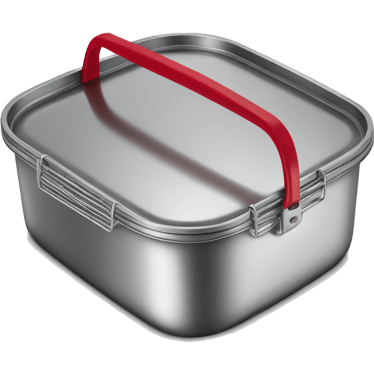 a stainless - steel food container with a red handle on the lid emoji