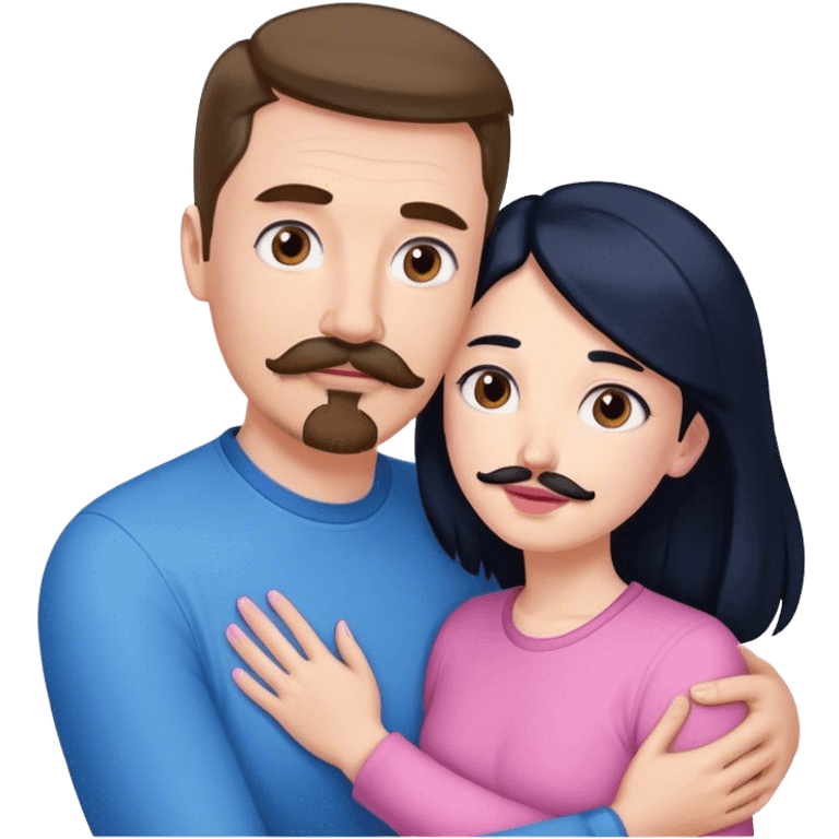 Tall white man with brown mustache goatee wearing blue hugged by a short pale woman with long black hair wearing pink emoji