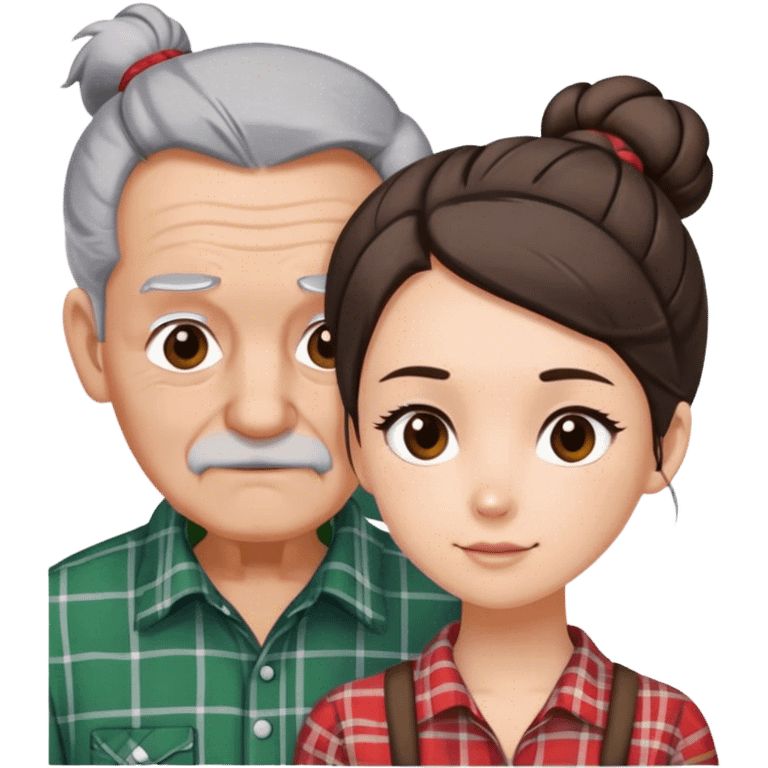 Old man grey hair plaid shirt brunette girl bun emoji