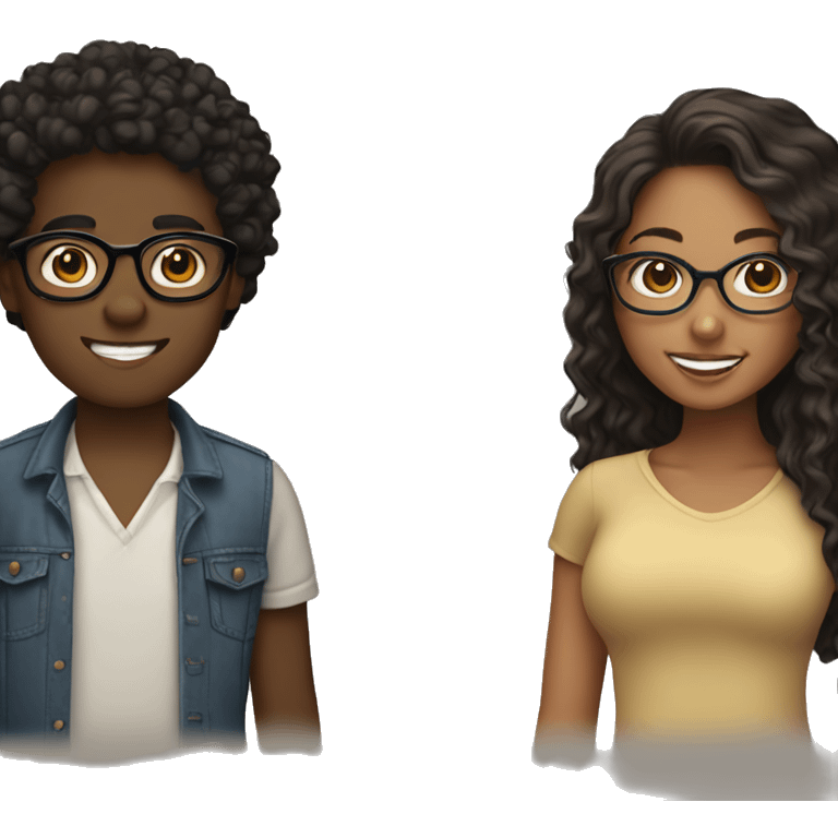 4 people. One is a black girl with long black hair and glasses. The second is a brown girl with long dark brown hair and glasses. The third is a brown girl with curly hair. ANd the fourth person is a white boy emoji