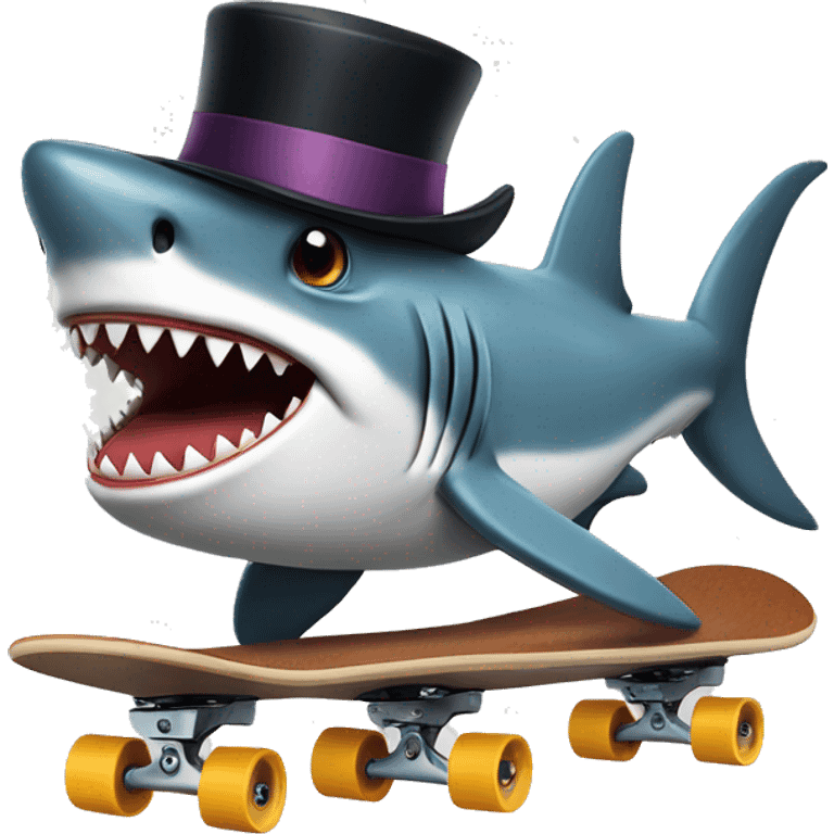 Shark on a skateboard doing a trick wearing a top hat emoji