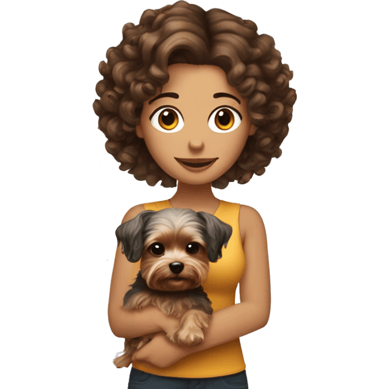 white women with curly medium length brunette hair, holding a cute yorkie dog emoji