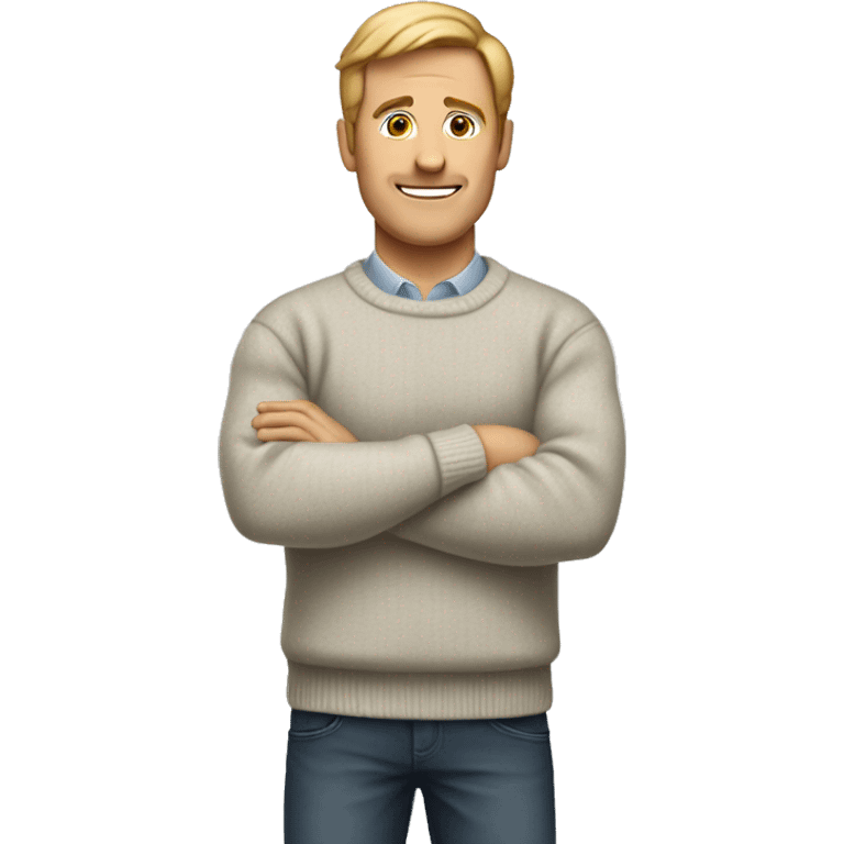 a white man wearing a sweater standing straight with his arms raised emoji