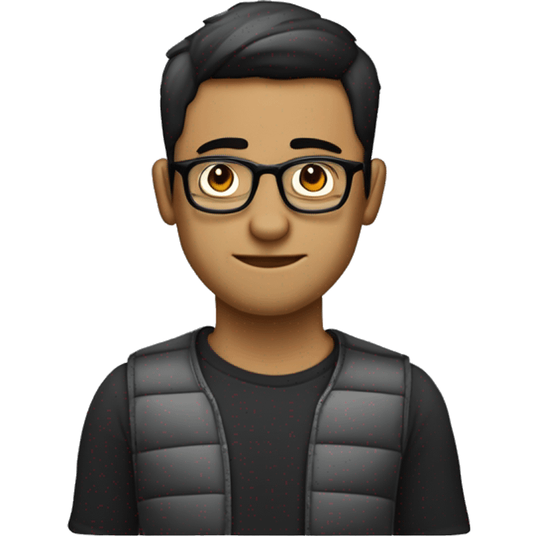 persona de complexión robusta, con cabello corto y oscuro. Lleva gafas grandes de montura oscura y una camiseta de tirantes con rayas verticales blancas y negras. Esta gesticulando y explicando emoji