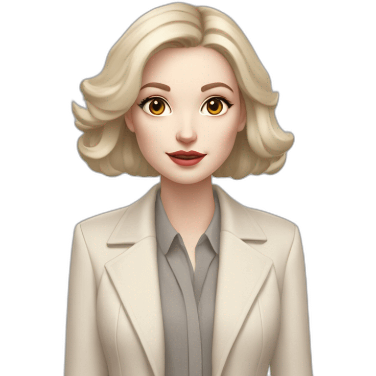 pale skin woman with ash blonde Straightened bob Hair, White Spacious classical jacket, beige palazzo Arrow pants and gray blouse holding RAL colour palette in the hands emoji