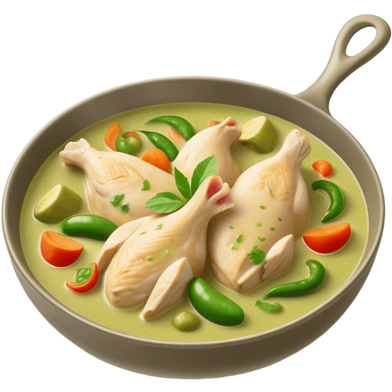 Cinematic Realistic Green Chicken Curry Dish Emoji, depicted with tender chicken simmered in a fragrant green curry sauce with vegetables rendered with rich textures and dynamic, vibrant lighting. emoji