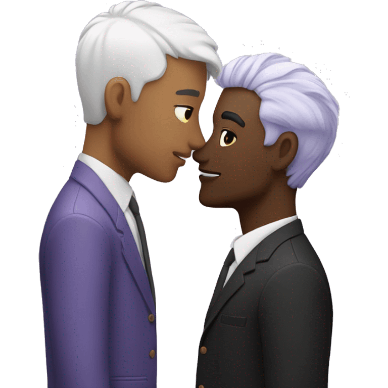 Two men kissing, one of the white with lavender hair and the other person is black with black hair emoji