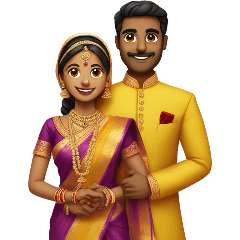 Tamil south indian bride in yellow saree with red border and groom wearing purple sherwani for Engagement  emoji