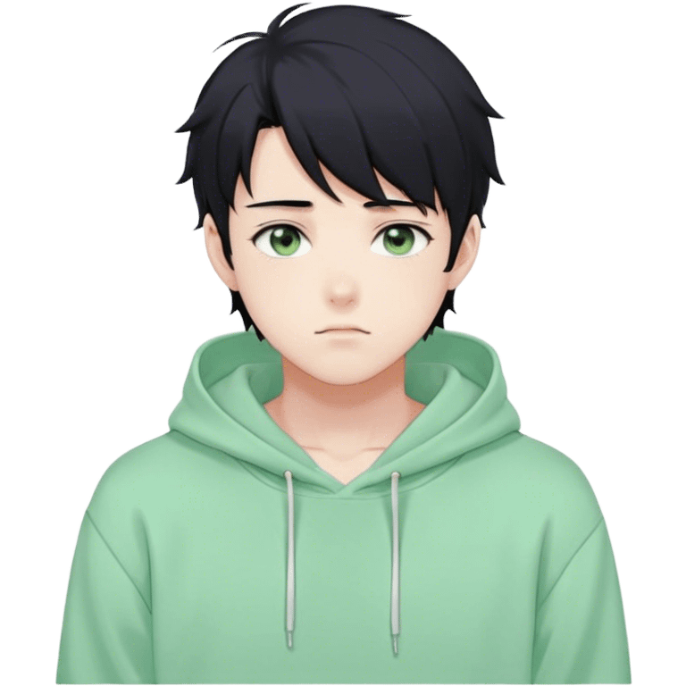 Gorgeous pastel green sweater black hair anime style shojo guy with blushing face and, hoodie, aesthetic, young adult, trending style, outside, vedal987 emoji