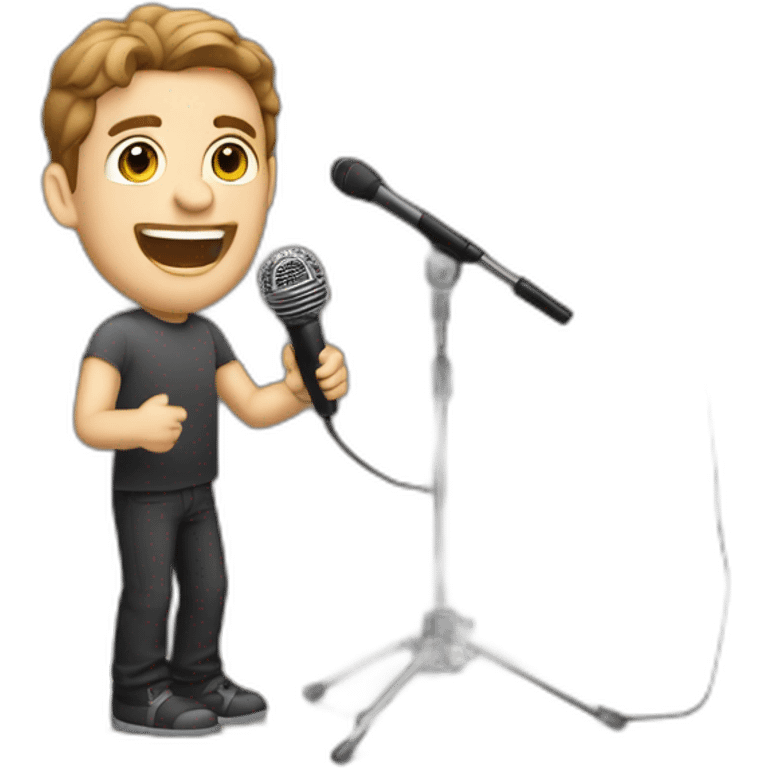 White Person men with brown hair and light skin on stage spotlight with microphone stand in front of him with show spotlights emoji