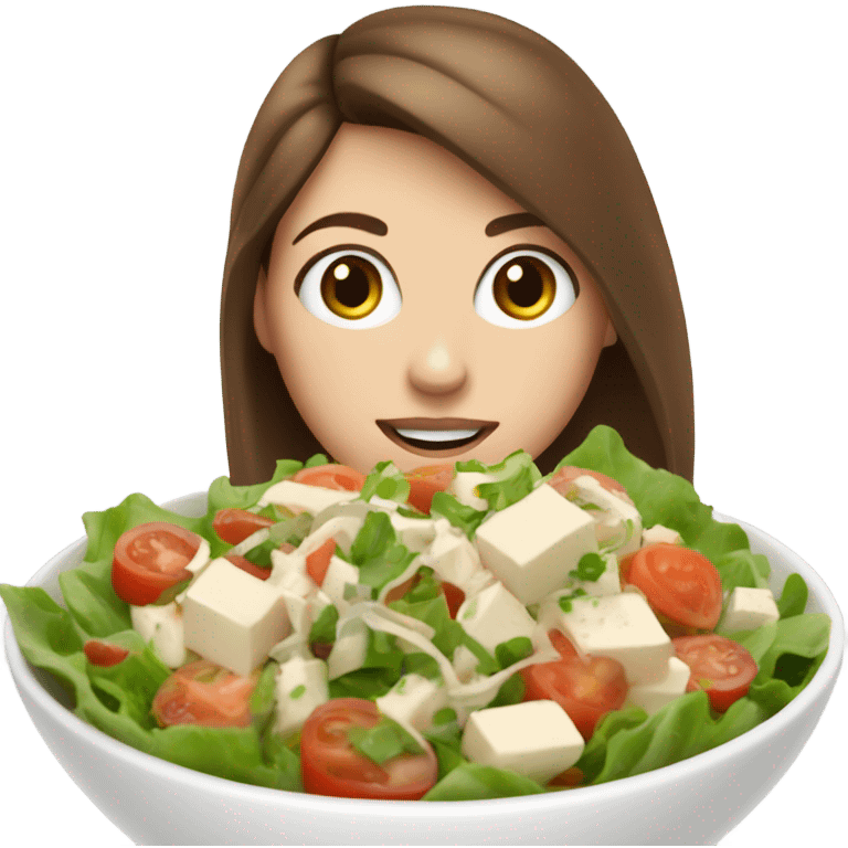 White girl Brown hair blue eyes freackles eating Tofu salad emoji