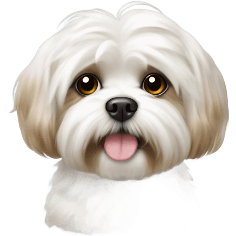 A white maltese / shitzoo dog with tan spots, curly fur  emoji