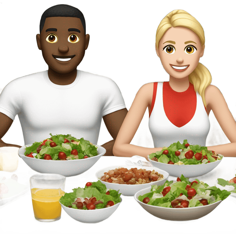 emoji Sporty white couple, man and woman in sportswear, sitting at Christmas holiday dinner table only salads emoji