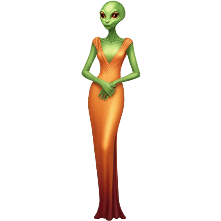 reptilian green alien woman, in long slim pastel orange formal party satin dress with gradient shiny sparkling dark red, full figure, full body emoji