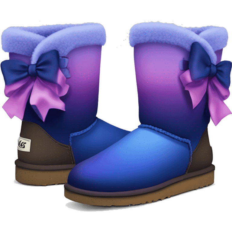 Realistic pair of dark blue to dark purple ombre fur Ugg boots with silk ribbon bows. emoji