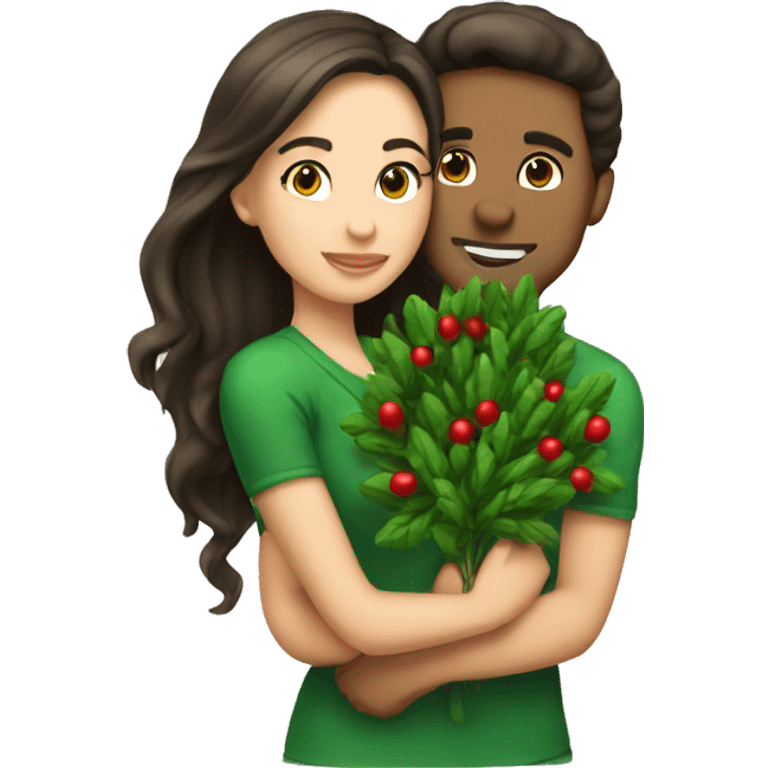 Brunette couple mistletoe kiss emoji