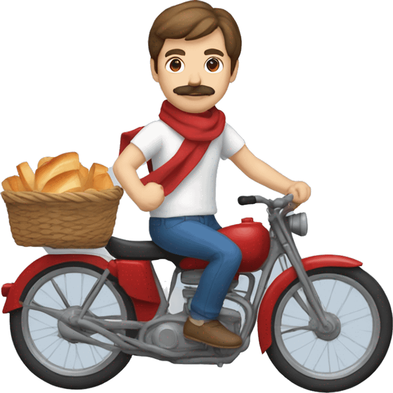 white man with brown hair a moustache and wearing a white t-shirt with several horizontal blue stripes, on a bike, wearing a red scarf and holding a baguette emoji