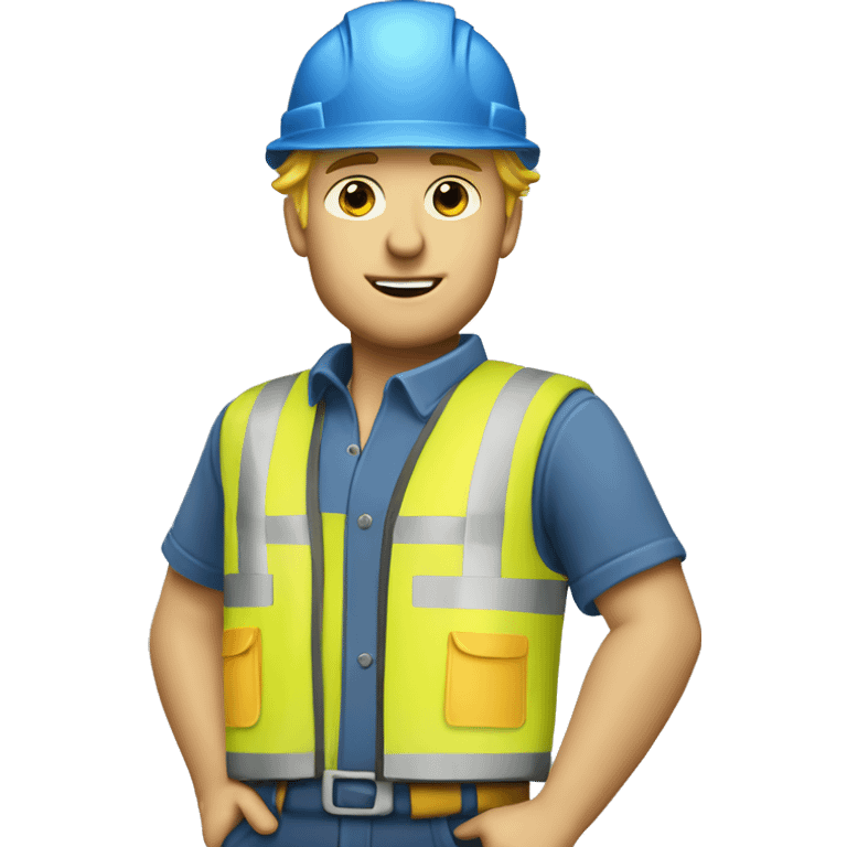 Blonde male Construction worker wearing a hat and blue work wear with small black curly dog  emoji