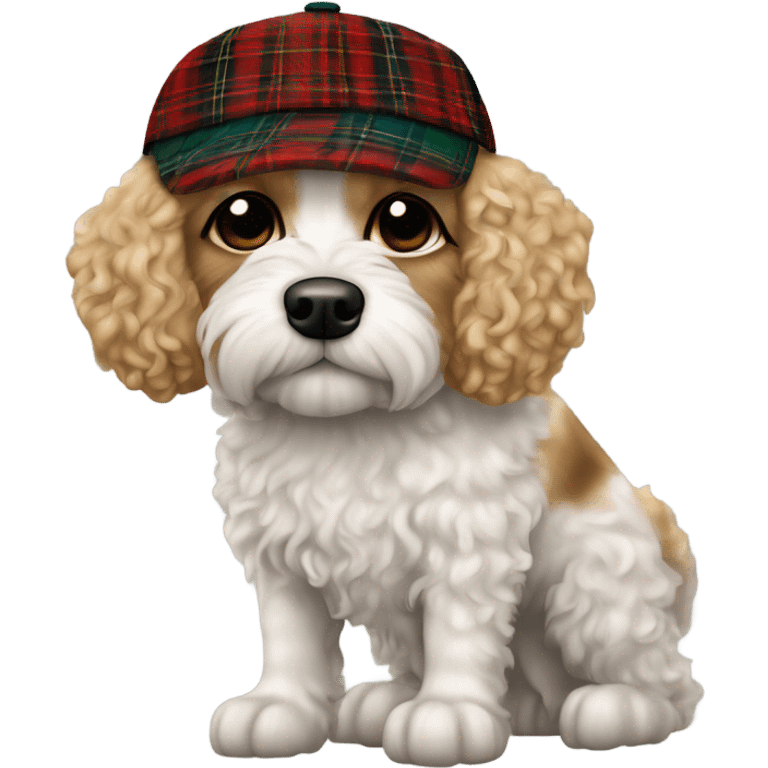 A white curly haired dog / cavapoo wearing chav tartan baseball cap  emoji