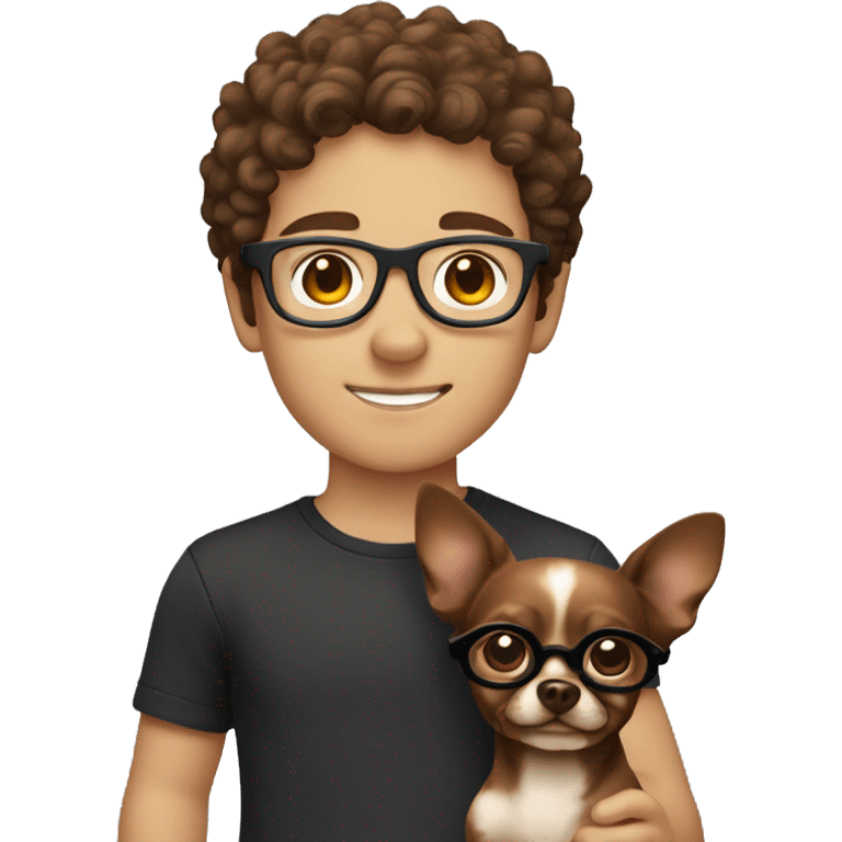 A caucasian boy with brown curls and glasses with his dark brown chihuahua emoji