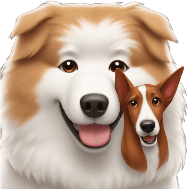 A Samoyed dog hugging a red brown colored hound dog emoji