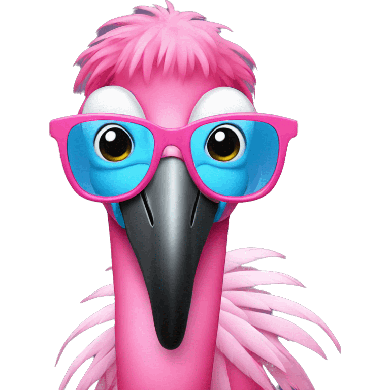 Blue flamingo with pink hair wearing pink glasses emoji