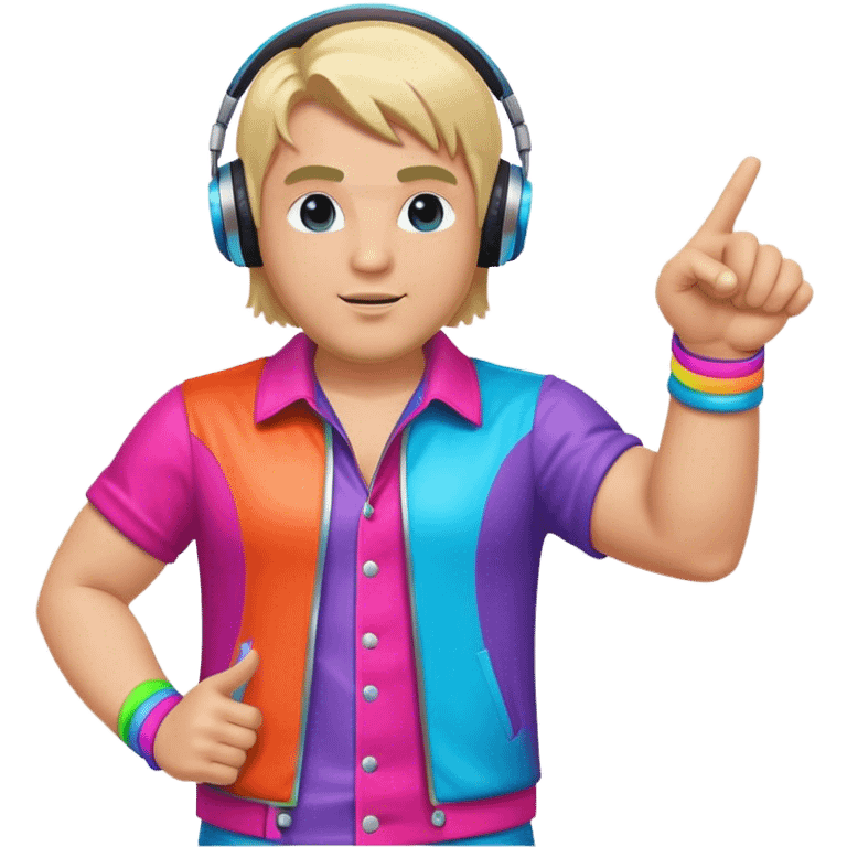 blond big man in colorful dj outfit pointing left emoji