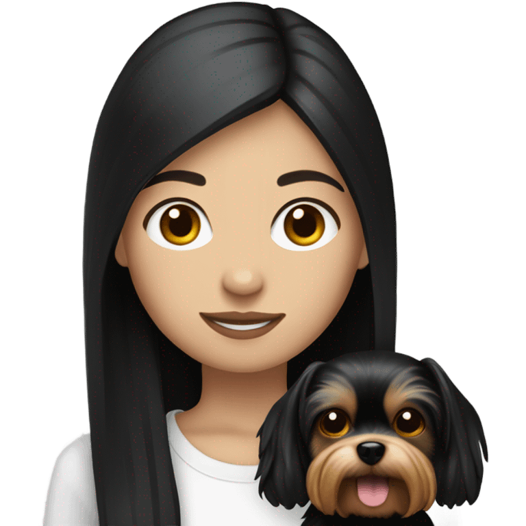 teenage white girl with black straight hair holding a yorkie dog emoji