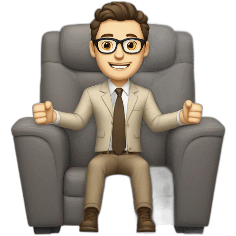 Joyful Celebrating victory Hands up Pale skinned Fit Man With dark brown hair in gray jacket, beige office shirt, Brown pants and vintage glasses sitting In a soft chair emoji