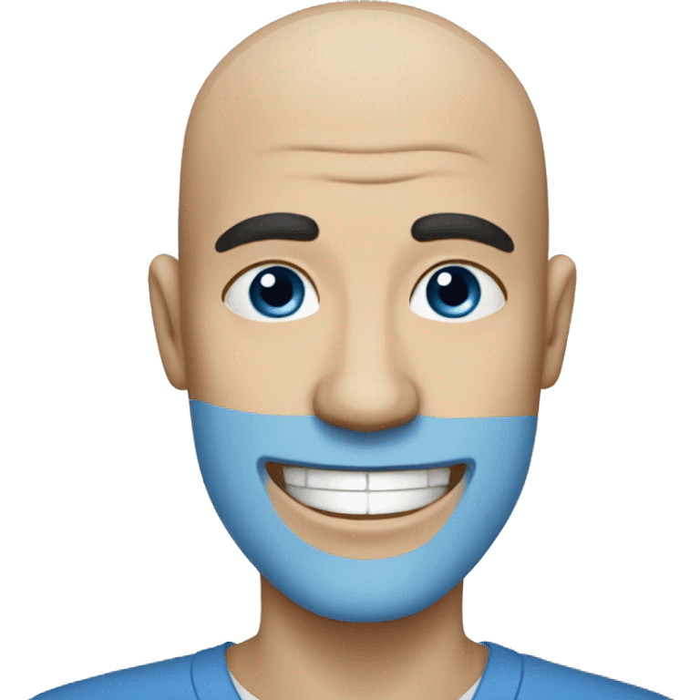 bald man with blue skin, black eyes and a white smile emoji