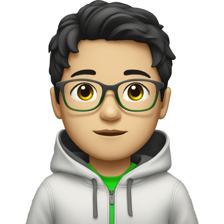 young boy with korean style black hair / grey hoody / white glasses / white glasses / green eyes emoji