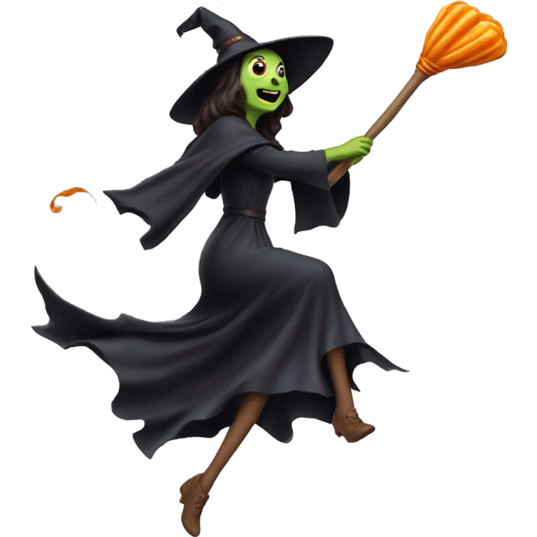 Scarry witch, flying to the right on a broom, throwing candy. emoji