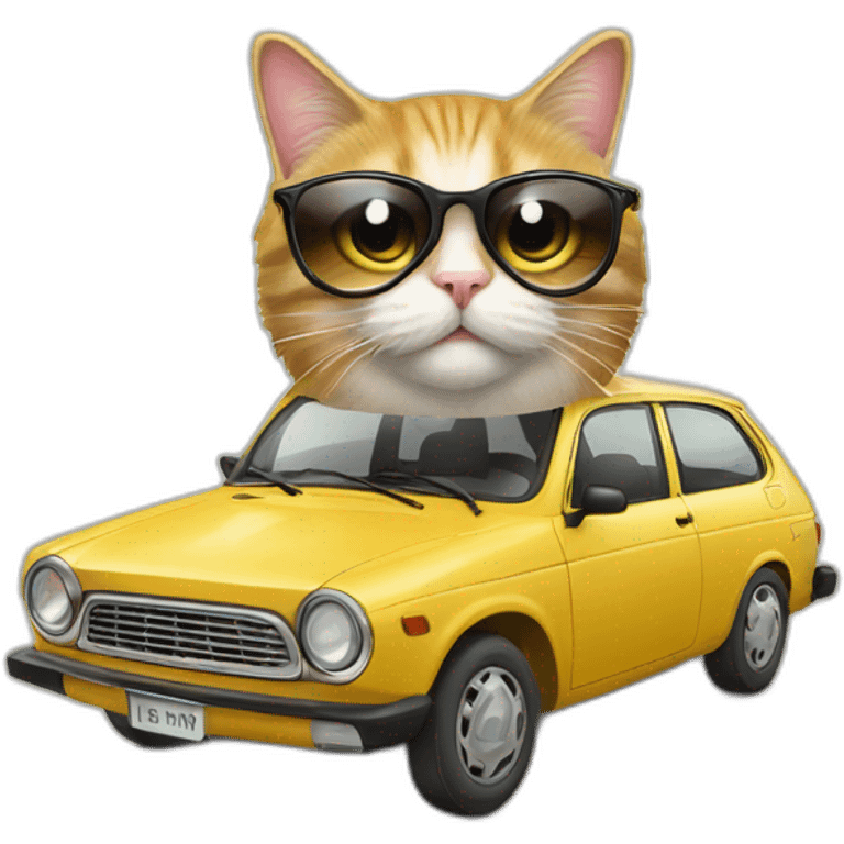 Un chat sur une voiture avec des lunettes de soleil emoji