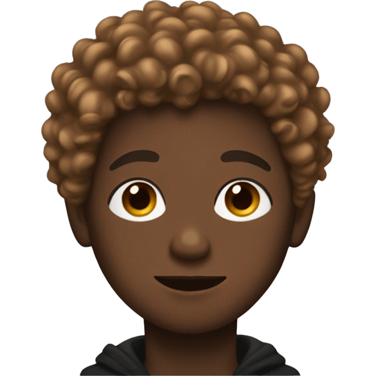 black boy with brown curly hair black button eyes and a black coat emoji