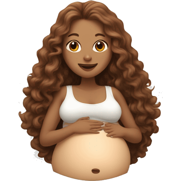 Pregnant white lady with long, brown, curly hair holding her belly emoji