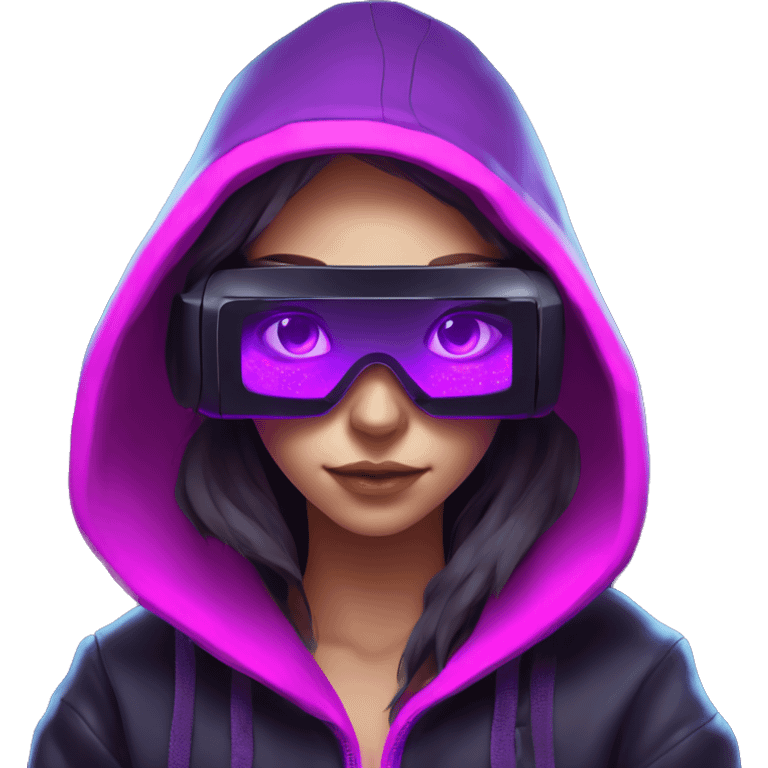 Russian girl wearing black hoody with violet letters "OMG", in vr headset. Cyberpunk style. Violet neon. emoji