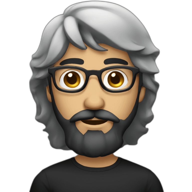 Black shirt, bearded middle eastern male with Turkish mustache, medium long hair and black rounded glasses  emoji