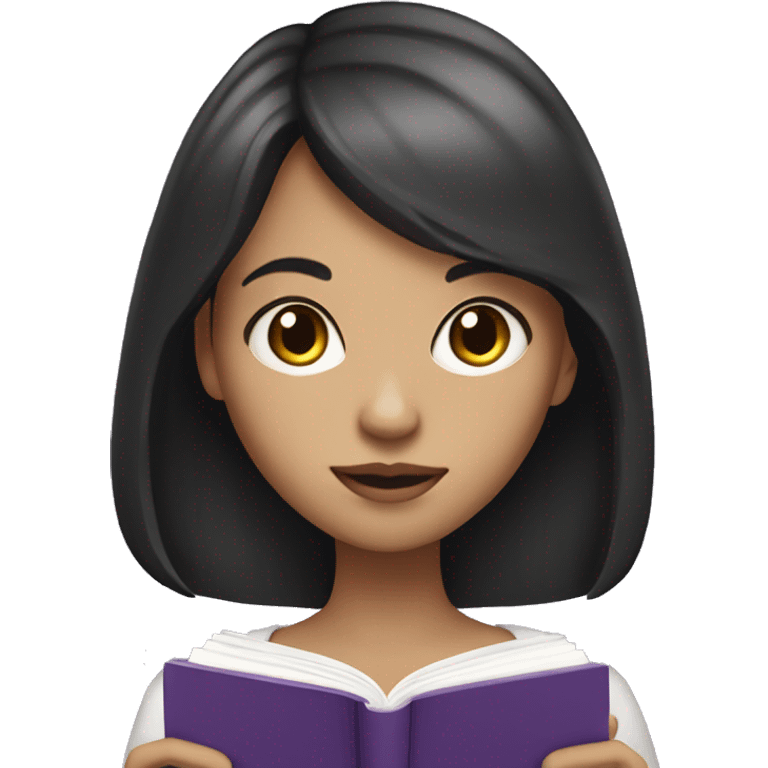 Girl with dark hair and light skin and bangs reading purple book emoji