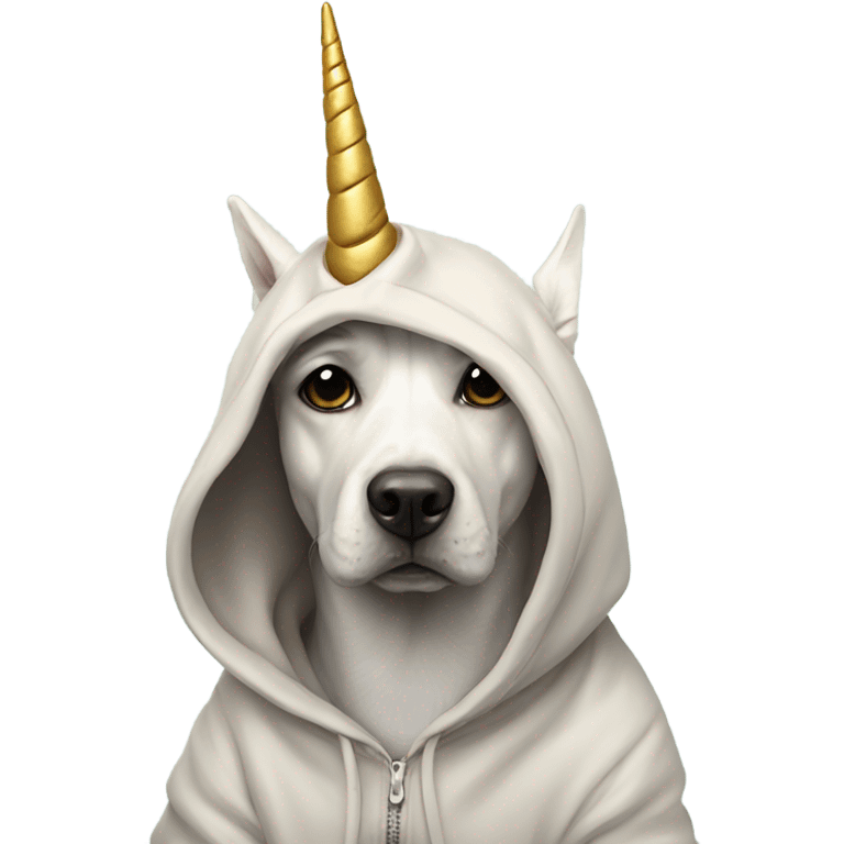 A dog wearing a hoodie with a unicorn horn emoji