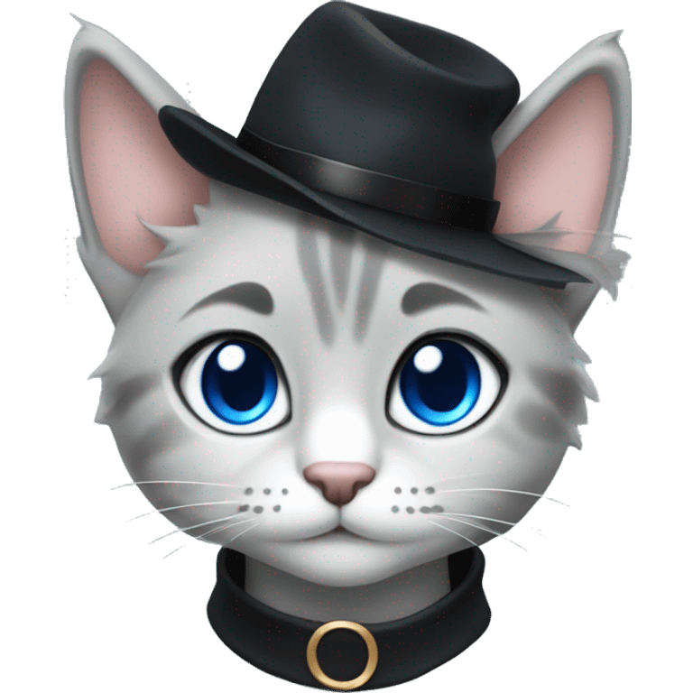 Anthro grey cat blue eyes with black hat with feather emoji