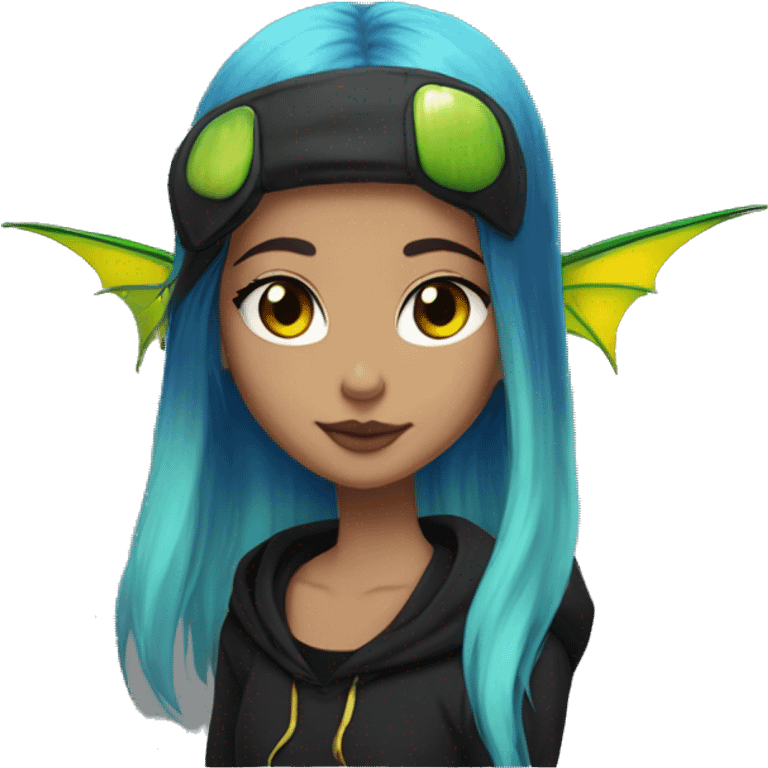 Lady with brunette and iridescent blue hair, gold, lime green dragon wings, black hoodie, bleach dyed, black and gold Nike t shirt, and bright red eyes emoji