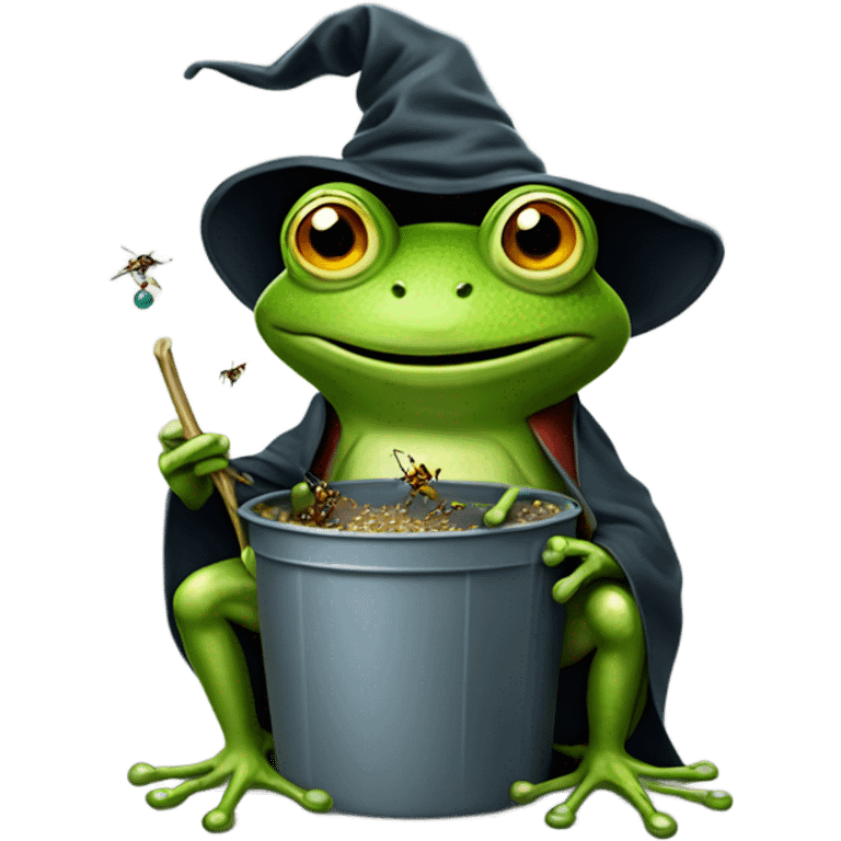 Frog wizard eating a bucket of flies while riding a bigger frog emoji