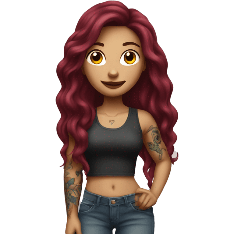 Beautiful tattooed burgundy long haired woman standing next to a car emoji