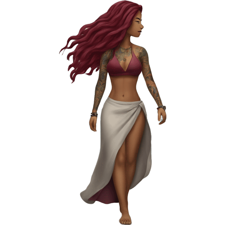 Beautiful tattooed  burgundy long haired woman walking on the beach emoji