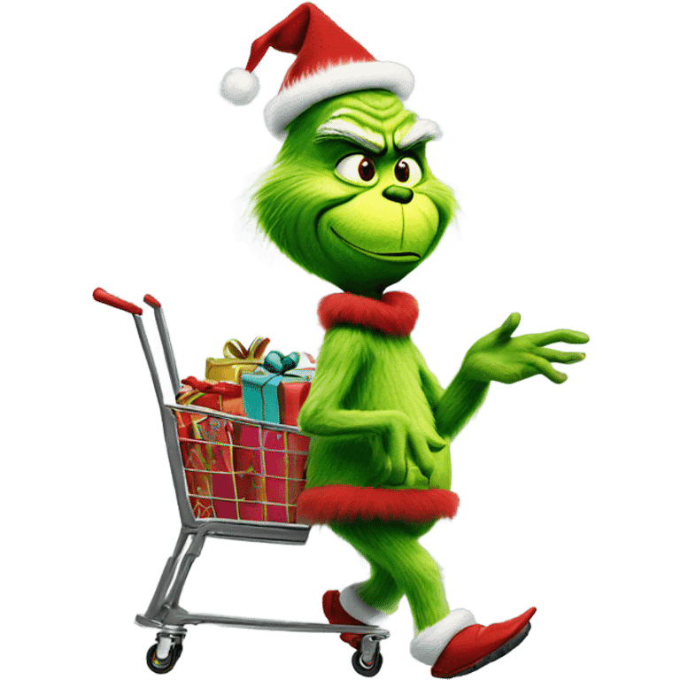 The grinch walking with a cart of presents  emoji